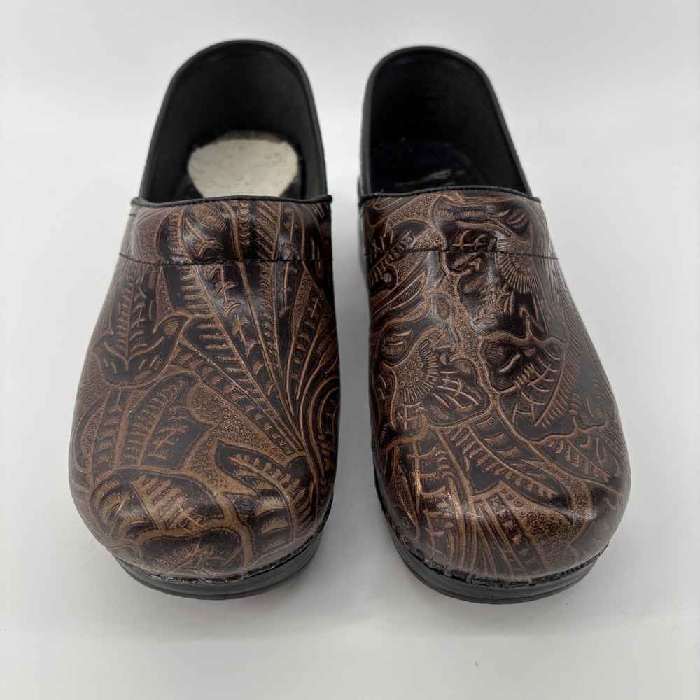 Dansko Professional Brown Tooled Leather Paisley Clogs EU 42 US 11.5-12